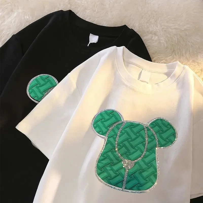 Women's Oversized White T-Shirt with Green Bear Face Design, Silver Thread Accents, Casual Loose Fit Top for Everyday Wear