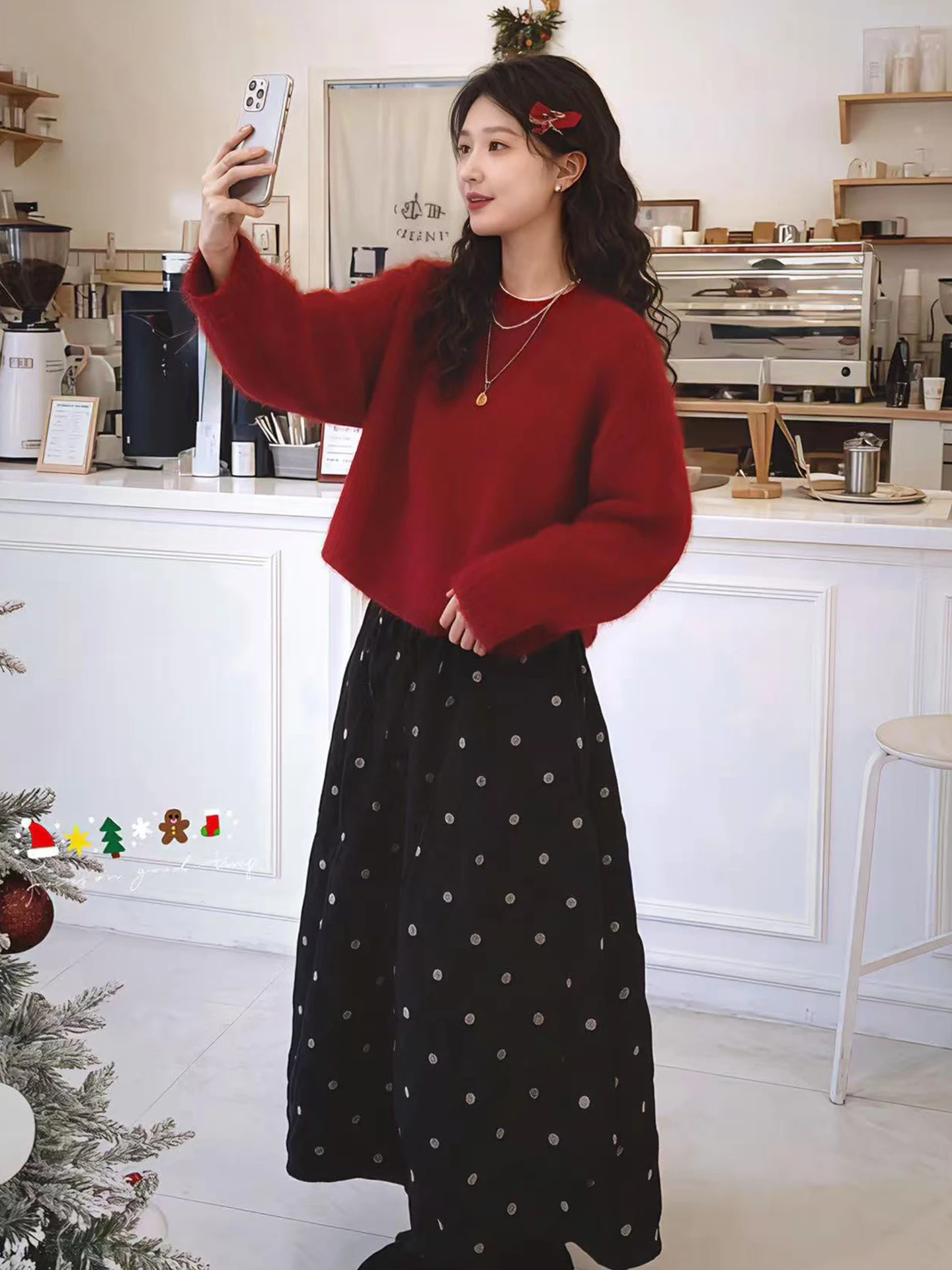 Conjunto de Falda y Suéter con Lunares Rojos para Mujer, Moda Primavera Otoño Invierno, Tejido Cálido, Cintura Alta, Corte Ajustado, Cuello Redondo, Traje de Dos Piezas