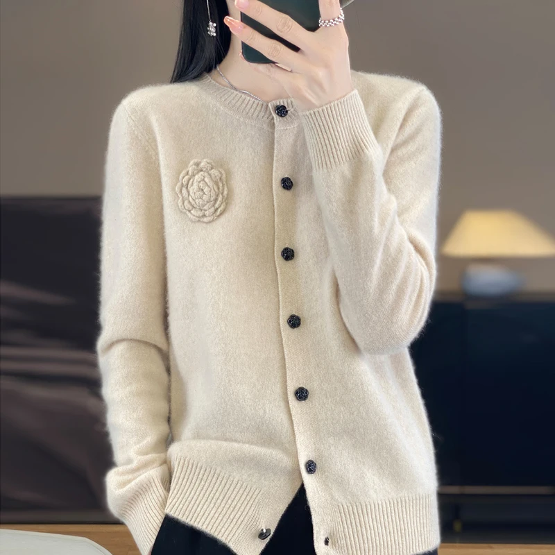 Long-sleeved 100% merino wool sweater cashmere cardigan autumn and winter women\'s O-neck sweater top fashion basic top 105