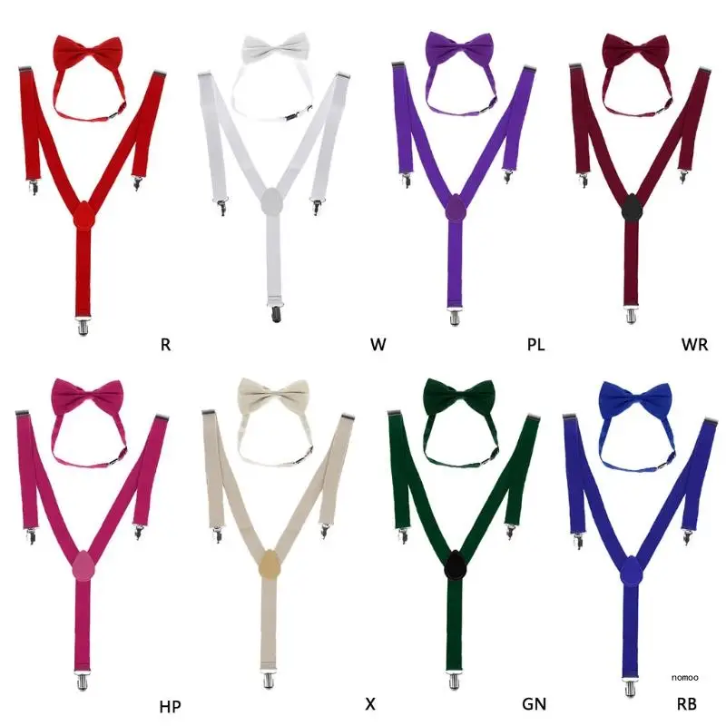 Unisex Adjustable Y-Back Suspenders Bow Tie Set Clip-On Braces Elastic Wedding