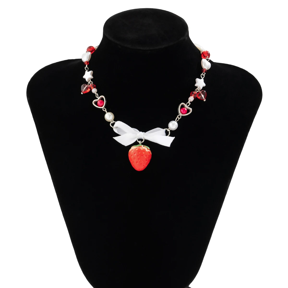 Salircon Korean Cute Red Strawberry Pendant Collar Necklace Gothic Y2K Heart Shaped Imitation Pearl Chain Choker Trend Jewelry