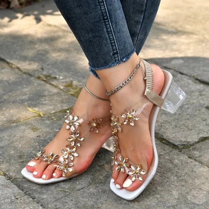 Comemore Designer Sandals Women\'s 2022 New Crystal Heel Rhinestone Flower Ladies Shoes Heels Fashion PVC Summer Woman Sandal 34