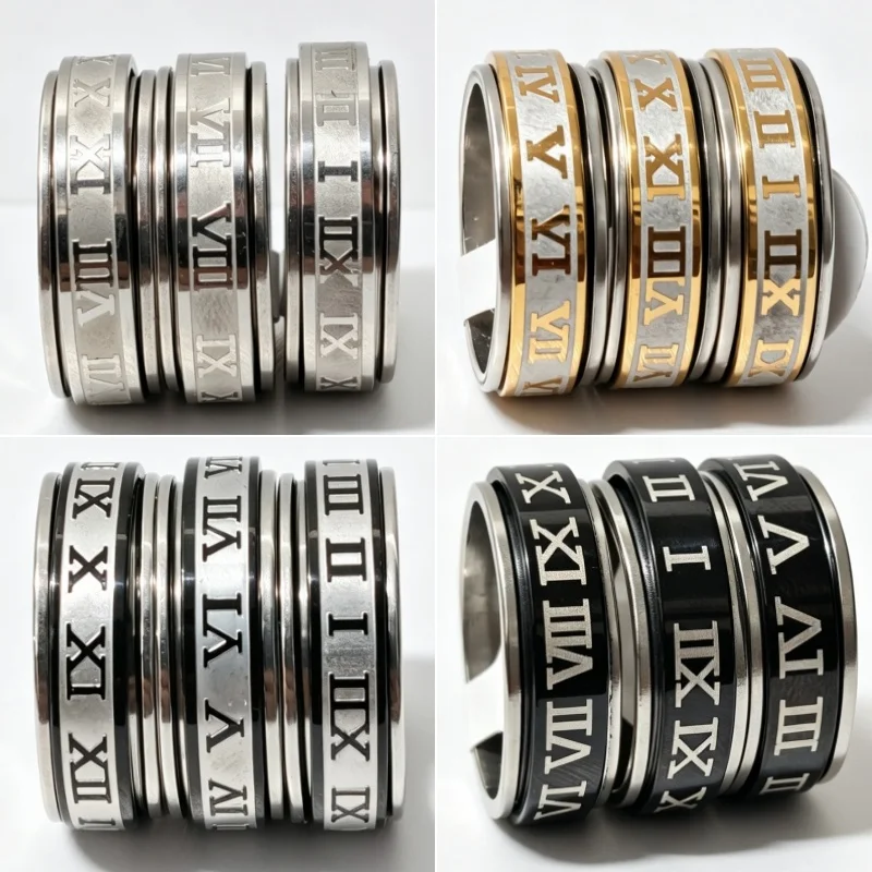 36pcs Wholesale Spinner Roman Numeral Wide Band Stainless Steel Rings Mixed Color Bulk Lot for Resellers