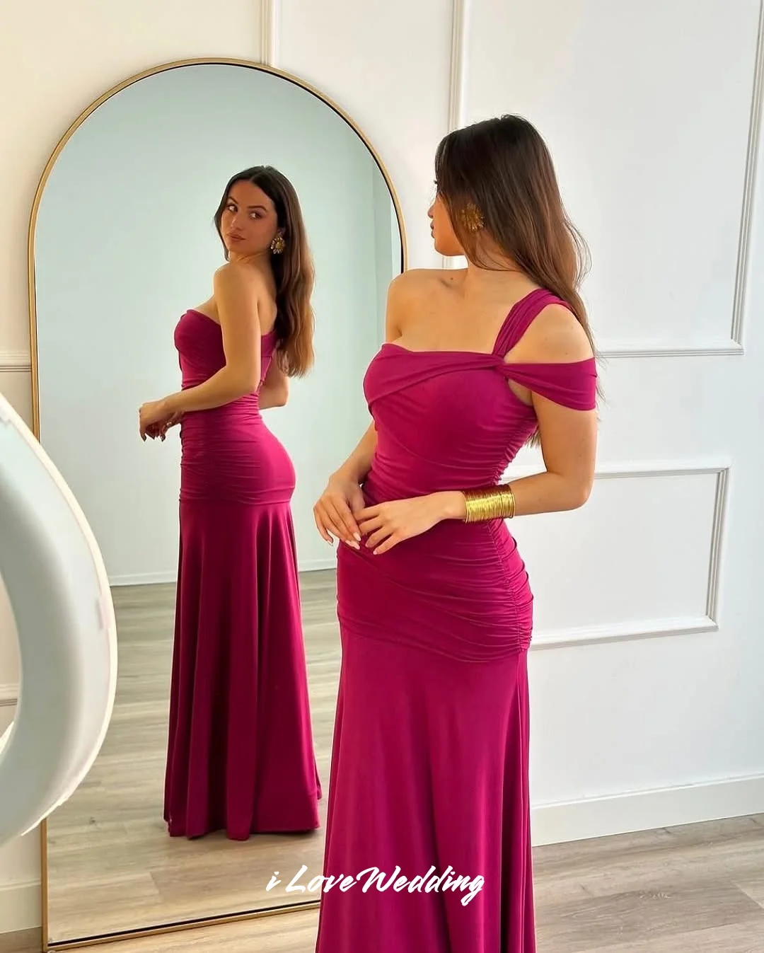 

Fuchsia One Shoulder Evening Dresses 2025 Satin Strapless Sleeveless Mermaid Pleated Floor-Length Wedding Party Dress Customized