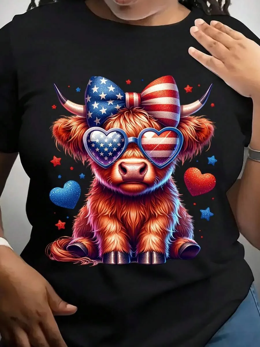 

Patriotic Highland Cow With American Flag Bow And Heart Sunglasses Graphic Shirt