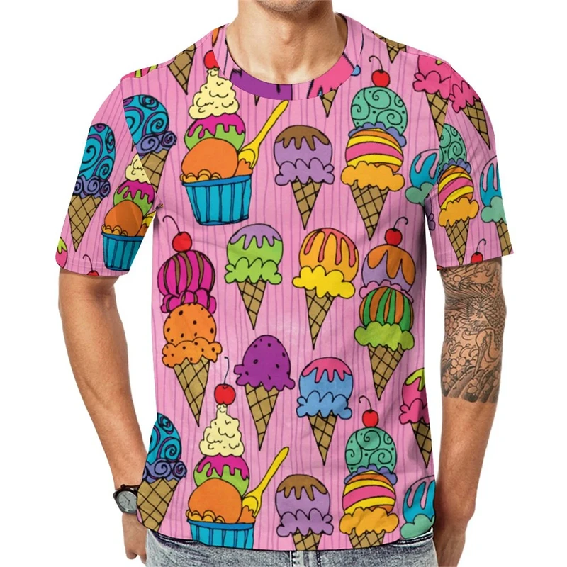 Ice Cream Color Fashion T-shirt For Men Funny Humour Short Sleeve Tee Shirt Trend Street Casual Clothes Kid Gift 2025 New Top