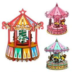 Carousel Wooden 3D Puzzle DIY Simulation Wood Jigsaw Model Merry Go Round Kids Toys For Children Girls Party Games Gift