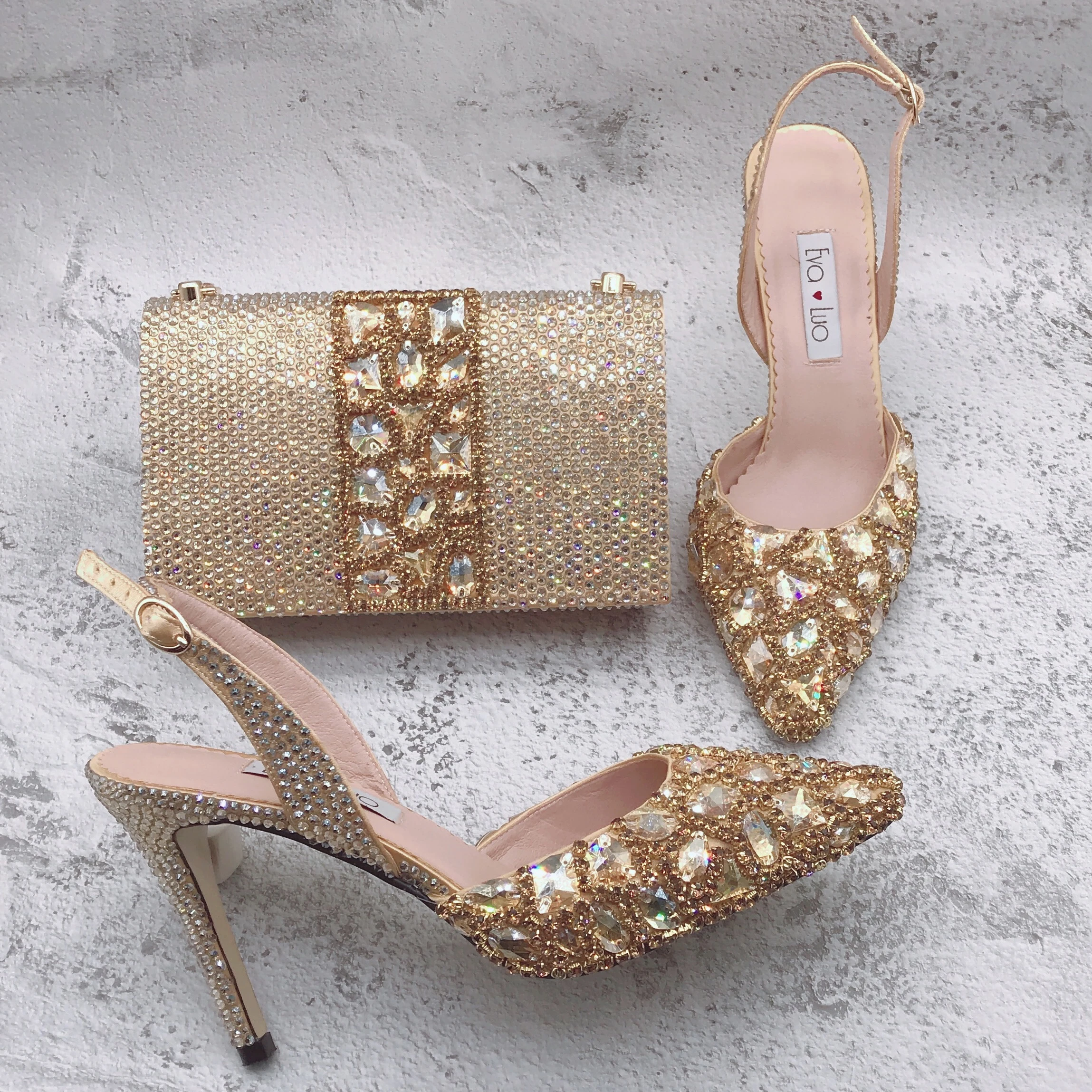 BS1640 New Design Luxury Custom Made Bridal Wedding Champagne Gold Crystal Shinning Rhinestone Shoes And Bag Set For Women