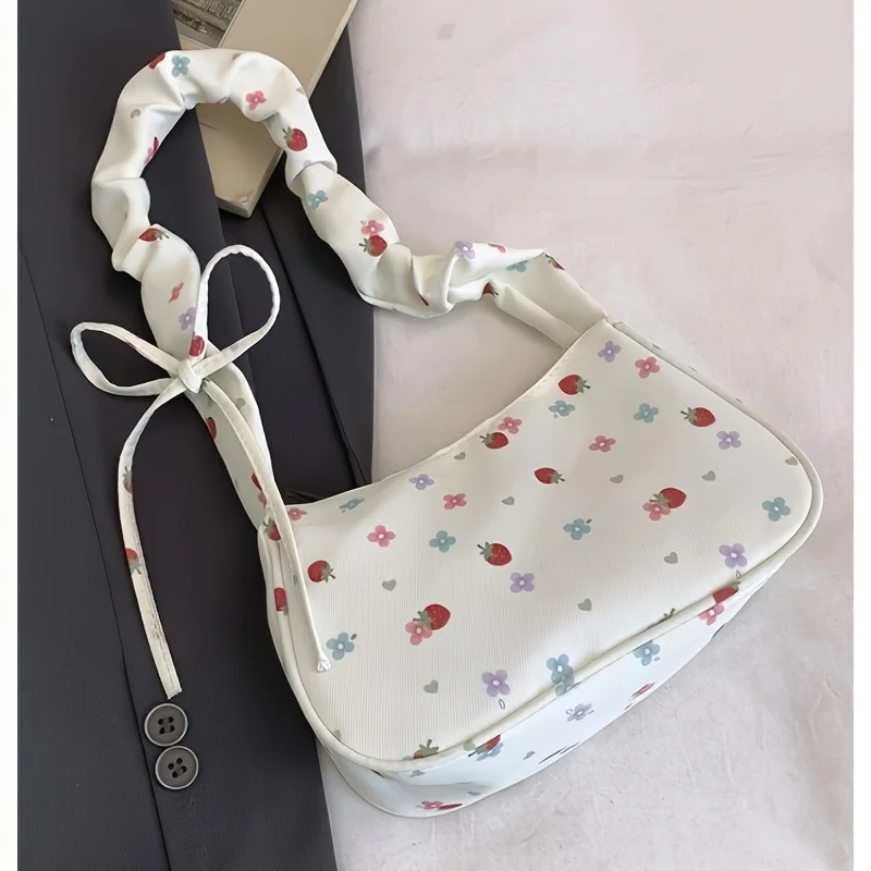 Cute and Stylish Strawberry Handbag, Cherry Women's Shoulder Bag, Small White Zippered Bag with Butterfly Pattern, Women's Mobile Phone Handbag