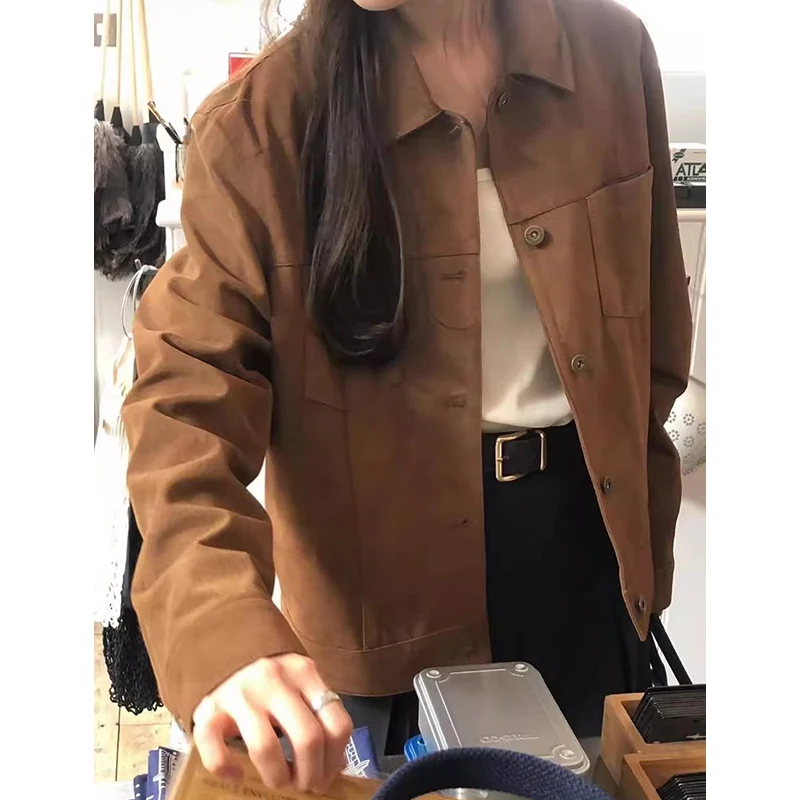 Jaqueta fena estilo retrô americano, manga crida, roupa de trabalho, ajuste solto, bolso duplo, gola virada para baixo...