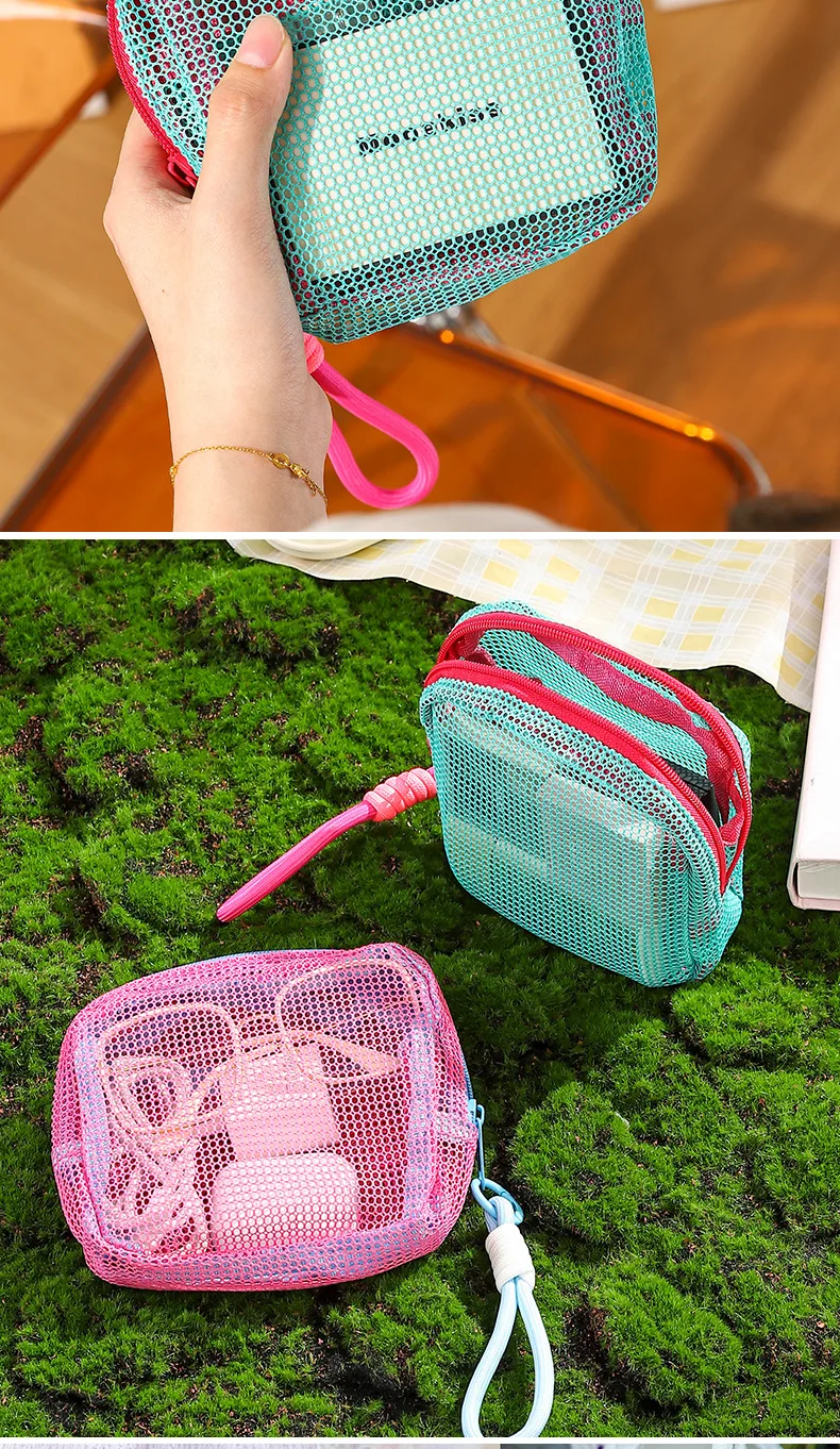 Netzbeutel in Dopamin-Farben, Tragbare Reise-Aufbewahrungstasche für Ladekabel und Toilettenartikel, Mini-Netz-Kosmetiktasche, Schlüsselbeutel, Kartenetui – Detail 16