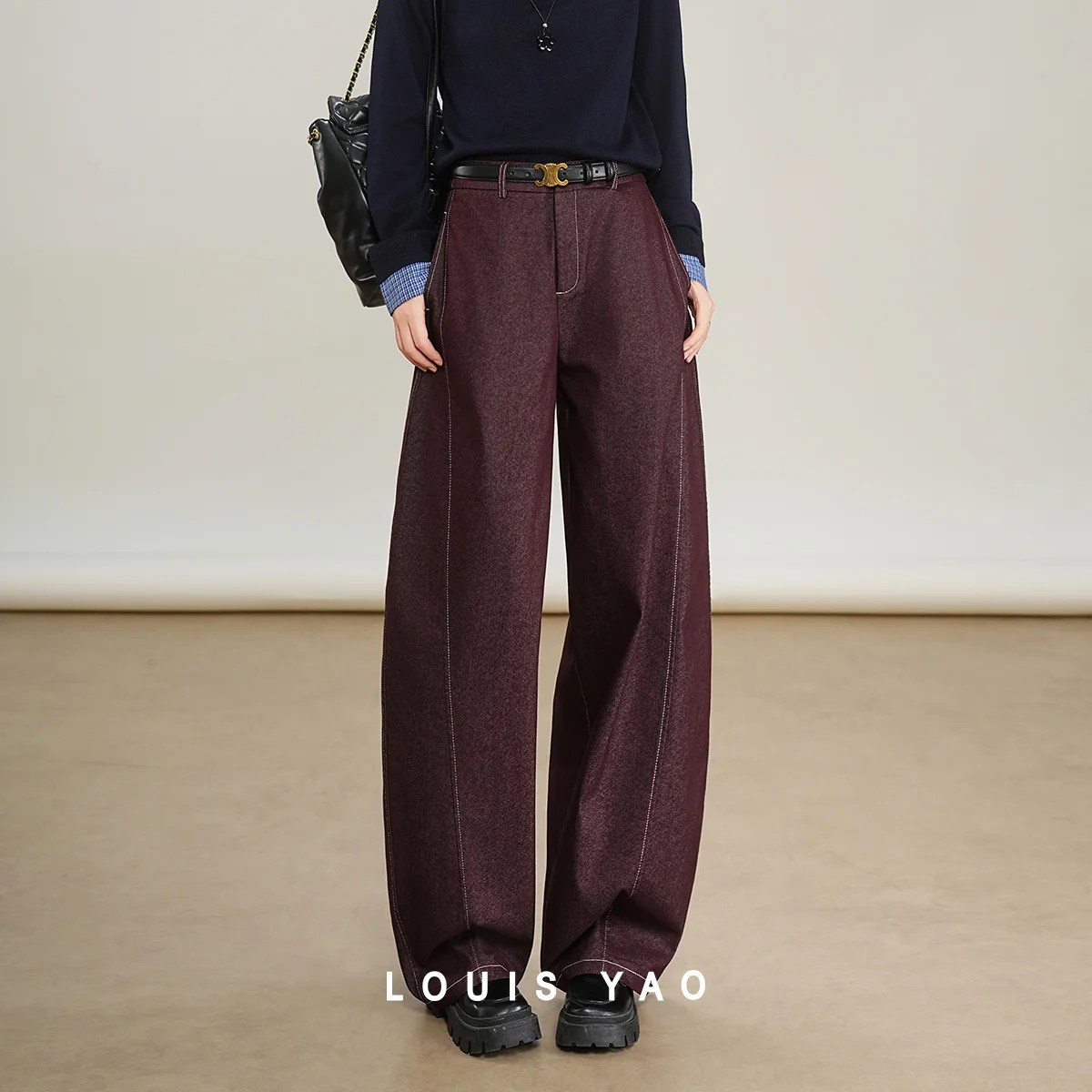 

LOUIS YAO Women's Wide Leg Pants 2025 Autumn Casual Woven Long Casual Pants with Contrasting Color and Bright Thread Design