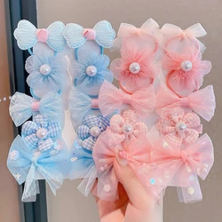 10pcs Bowknot Flower Hair Loops Hair Clips Set Sweet Elastic Scrunchies Children Side Bangs Duckbill Barrette Princess Headress