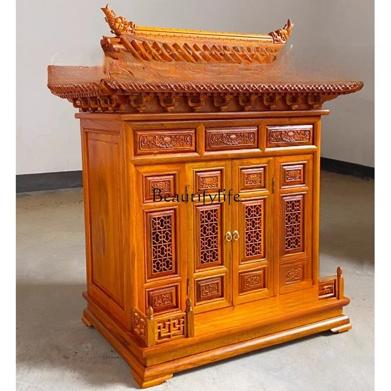 

03.ld14 Buddhist shrine with door Chinese antique shrine household camphor solid wood table