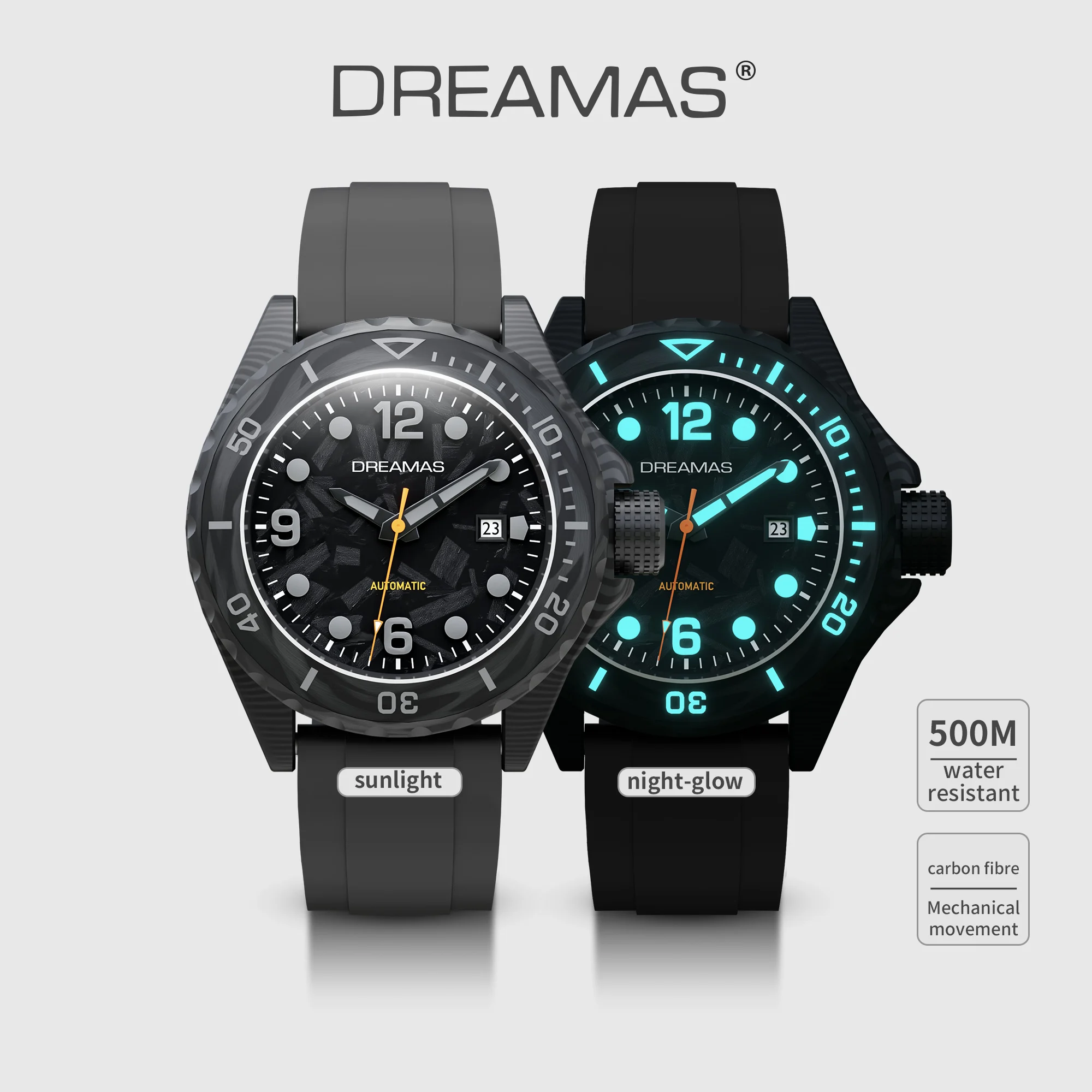 

DREAMAS Men's Carbon Fiber Automatic Mechanical Wristwatch Diving Watch Swiss 3D Luminous 500m Water-Resistant DMS0386