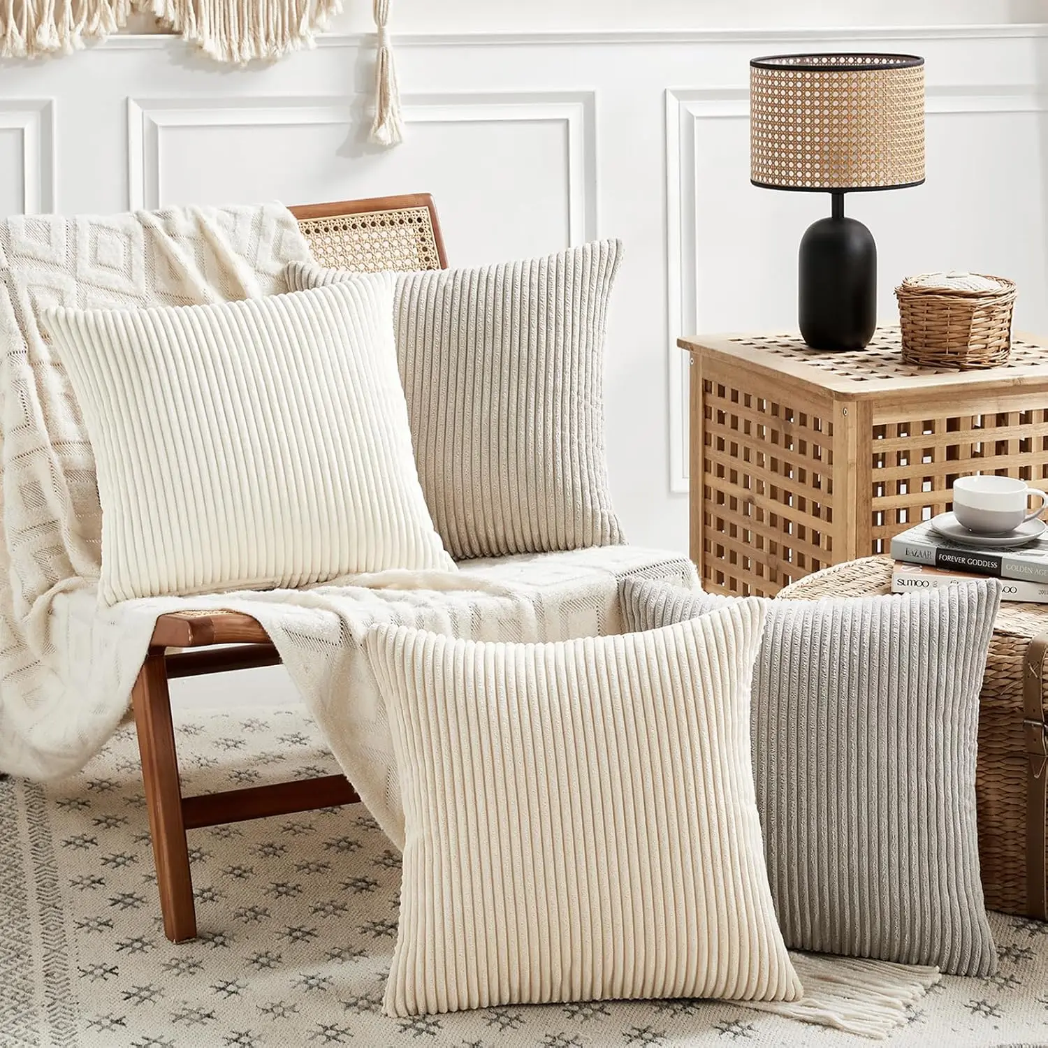 

Set Of 4 Neutral Decorative Throw Pillow Covers 18X18 H For Couch Bed Sofa Bedroom, Modern Farmhouse Boho Home Decor, Soft