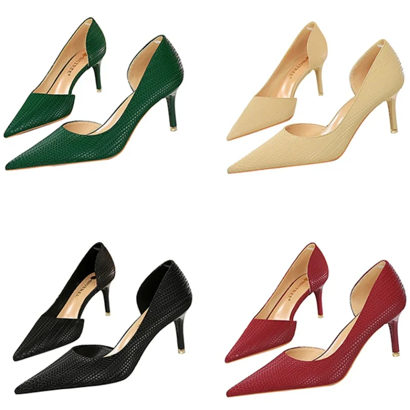 New Women Fetish 7cm 10.5cm High Heels Holiday Weave Leather Pumps Cheap Stiletto Nightclub Red Green Lady Shoes Plus Size 34-43