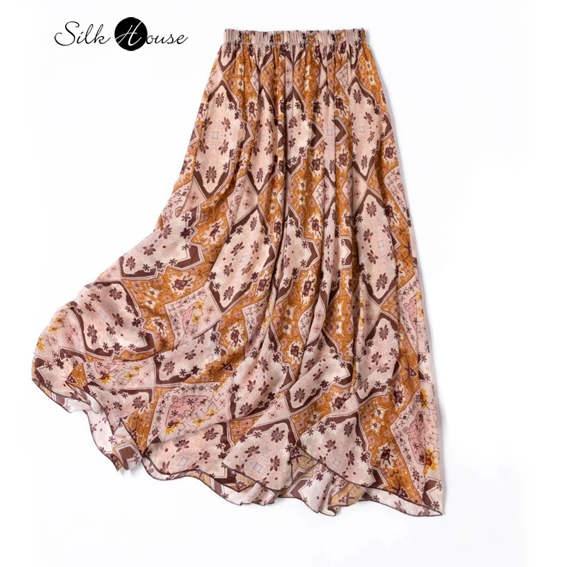 

European Printed Brown Tone Romantic and Elegant 100% Natural Mulberry Silk Georgette Elastic Waist Double Layered Beach Skirt