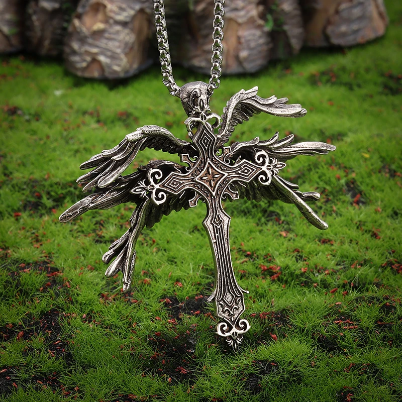 Retro Domineering Seraphim Cross Sword Pendant Necklace for Men and Women Personalized Punk Hip-Hop Cool Amulets Jewelry Gifts