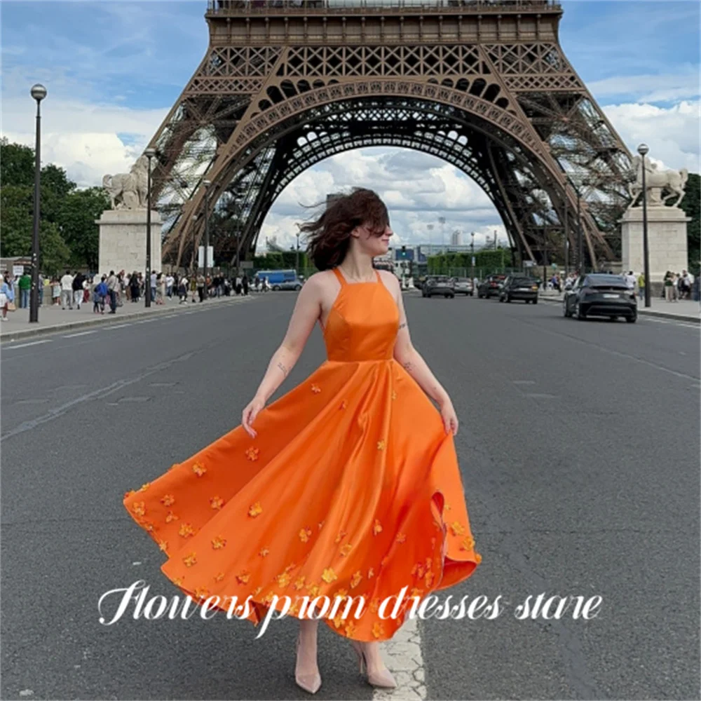 

Flowers Tangerine Evening Dress Halter Neck Formal Gown A Line Satin Night Dress with 3D Floral Prom Dresses Simple Customized