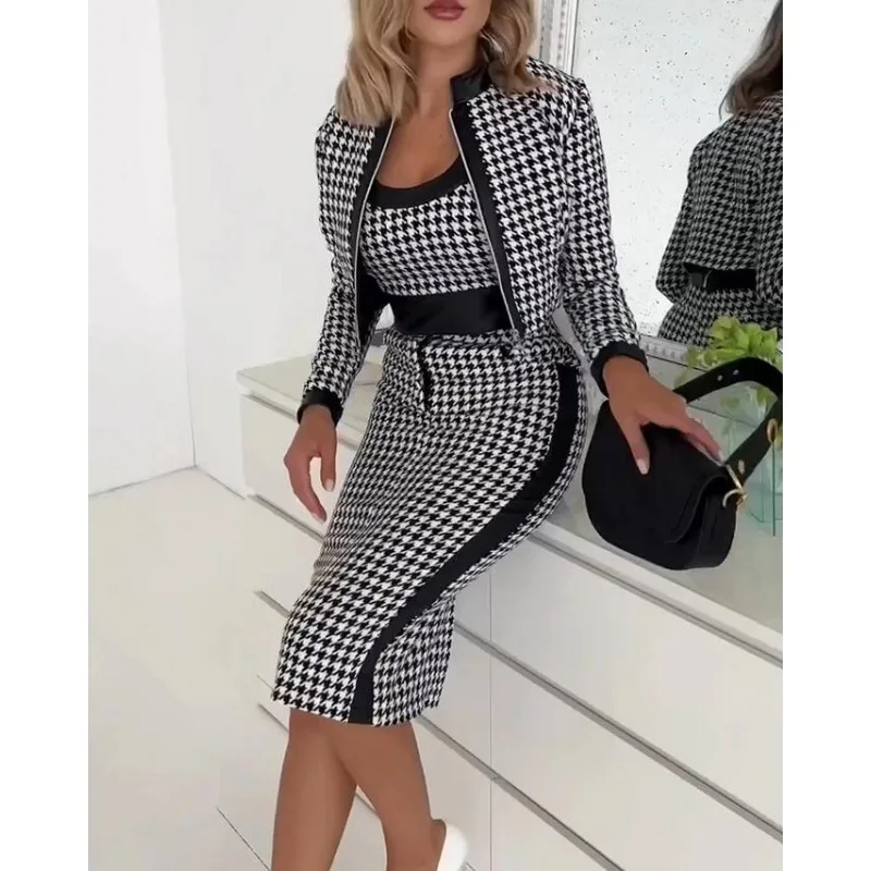 

Wepbel Pu Stitching Dress Sets Women Houndstooth Short Jacket Suits Sling Skirt Two Piece Sets Sexy Bodycon Dress Short Jackets