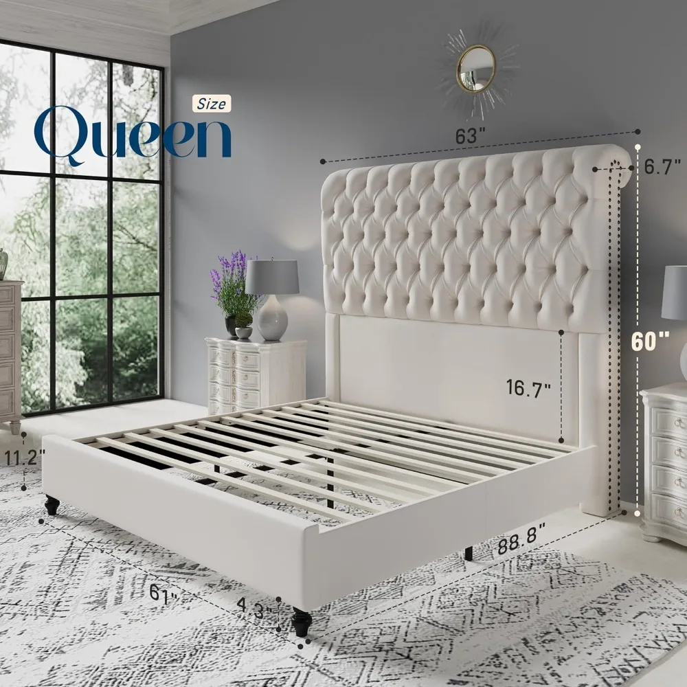 Queen Size Bed Frame with Sleigh Headboard 60