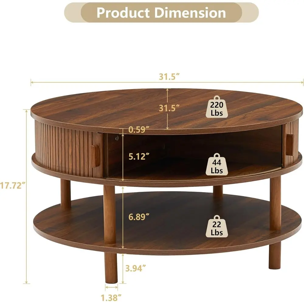 Walnut 31.5 Round Storage Coffee Table with 2 Tier Tambour Door for Small Spaces