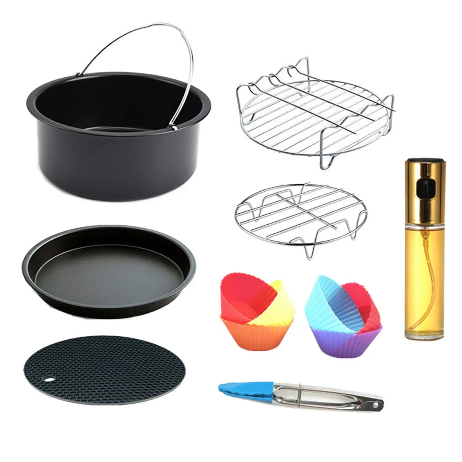 7 Inch Air Fryer Pizza Pan Cake Basket Accessories Set Carbon Steel Non Stick Grill Rack Oil Sprayer for 3.5 8qt Air Fryer