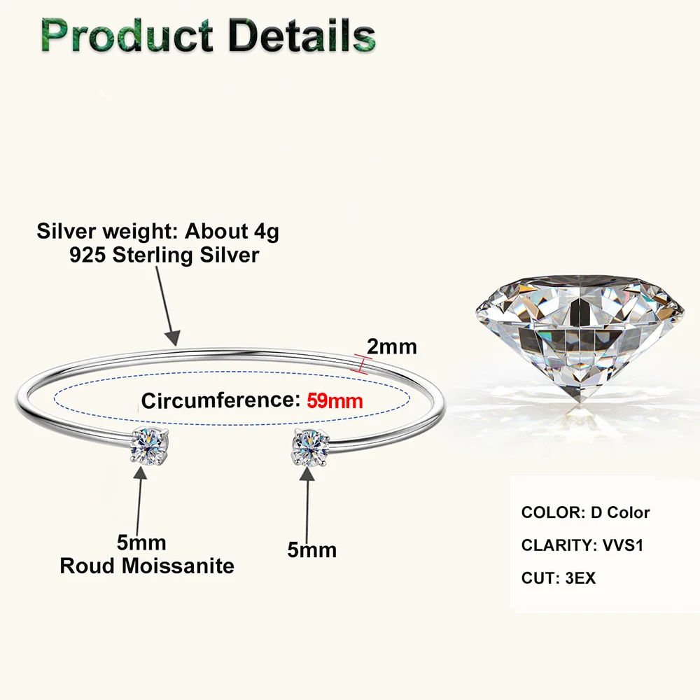18K Gold Plated Two Stone Full Moissanite Cuff Bangle for Women Round Cut Lab Diamond Stacking Bracelet S925 Silver Jewelry Gift