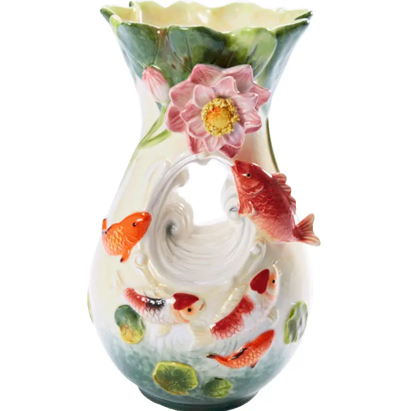 

Large, ceramic, flower, pitcher, pastoral, koi, vase