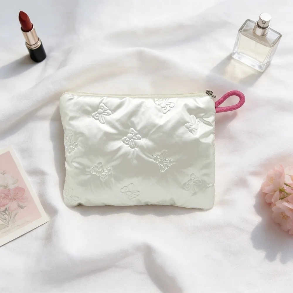 New Multi-function Cosmetic Pouch Embossed Heart Bow Decoration Toiletry Storage Pouch Satin Material Lipstick Storage Bag Girls