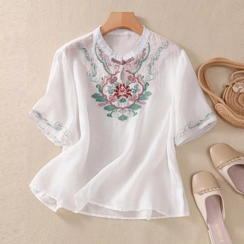 

Женская винтажная блузка с вышивкой в китайском стиле, полая хлопковая льняная рубашка с воротником-стойкой, свободные топы с короткими рукавами, Blusas Para Mujer