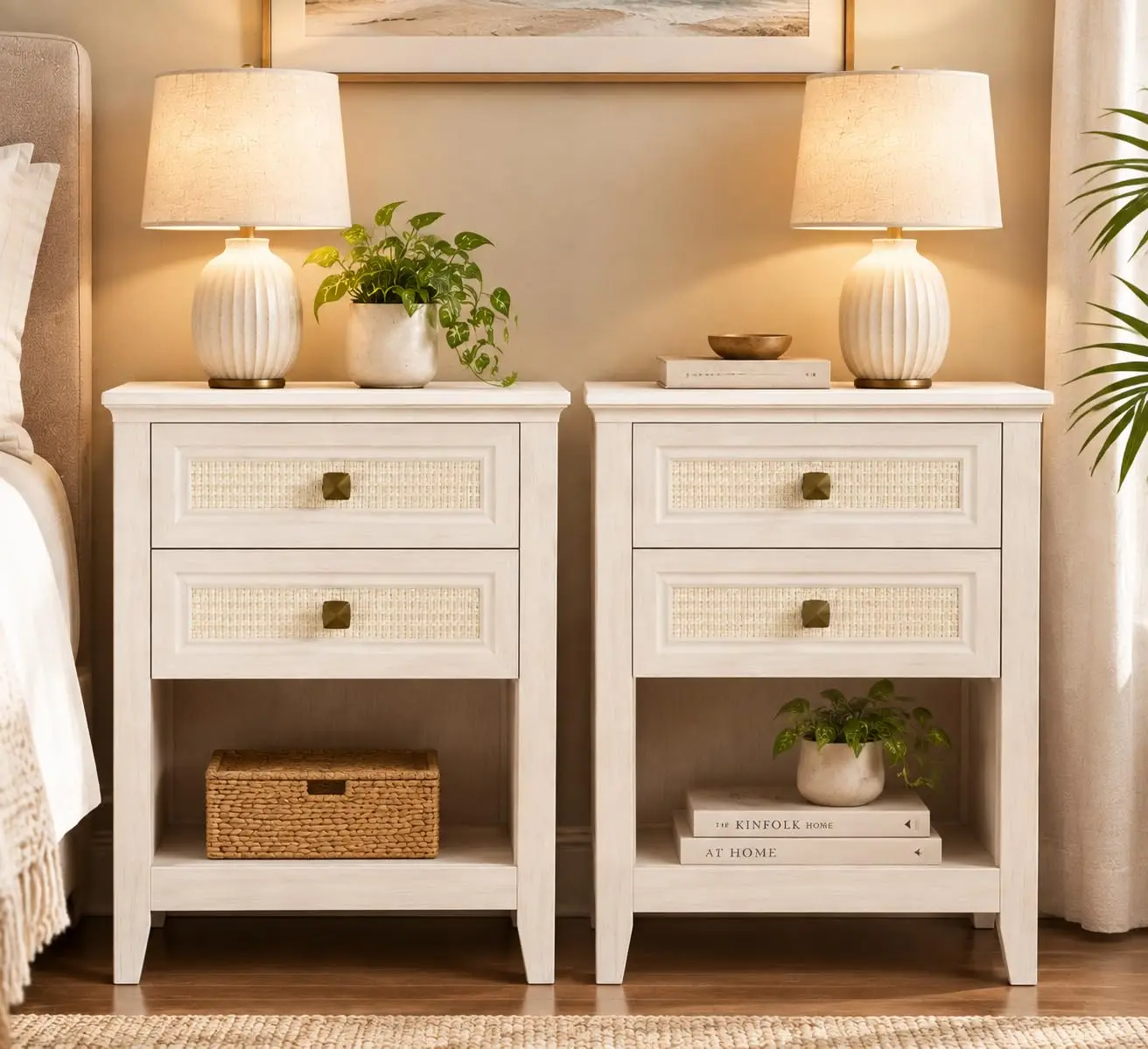 White Nightstand Set Of 2 With Drawers & Shelf, 27