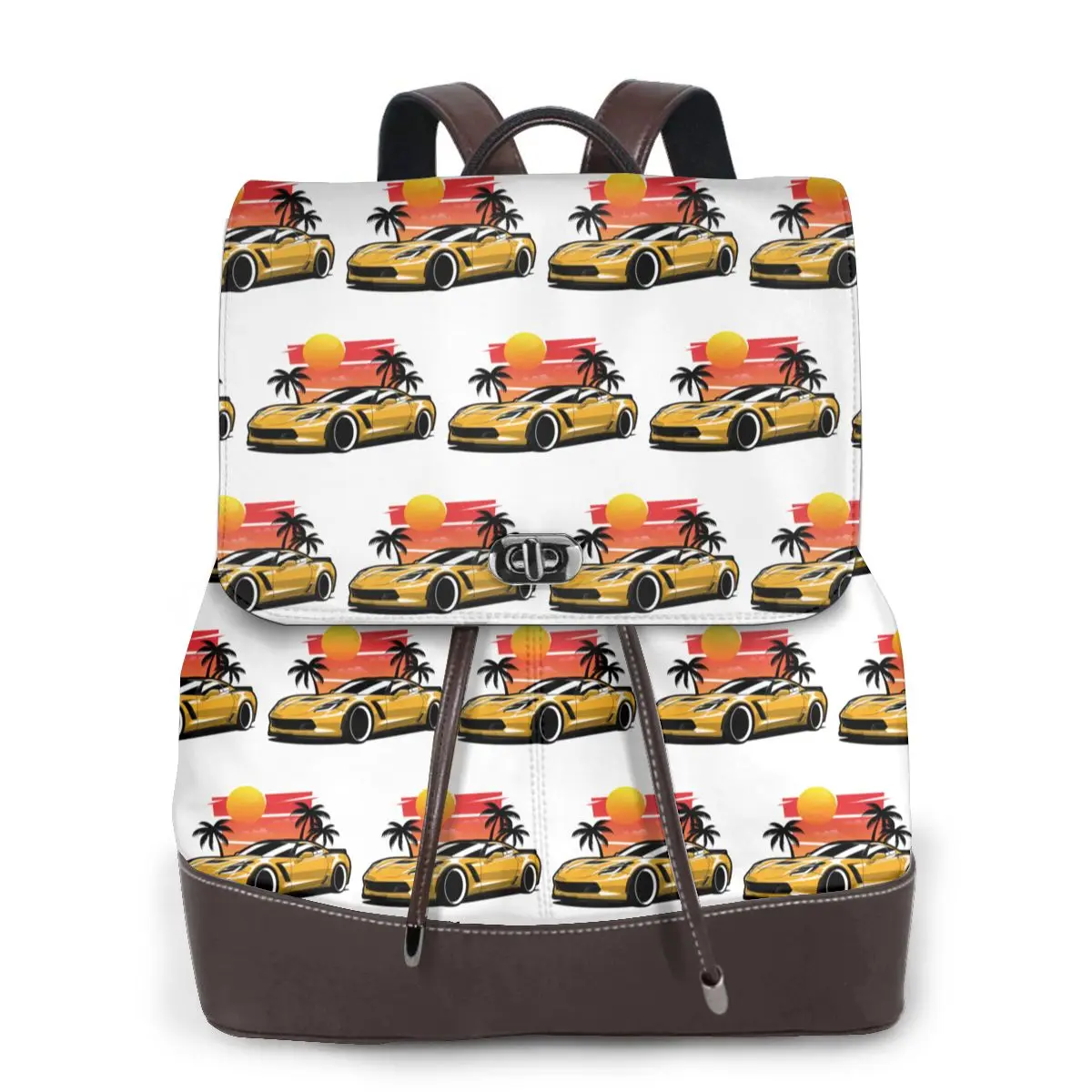 Yellow Corvette Z06 Sunset Palms Bookbag School Student Bags Hiking Travel Daypack for Women Fashion Derma Backpack