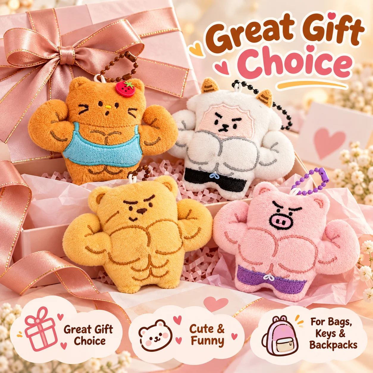 Fitness Muscle Animal Keychain, Funny Plush Doll Pendant, Cute Backpack Charm for Gym Lovers