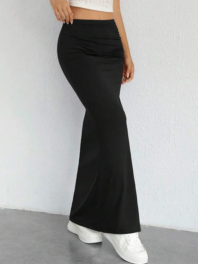 Summer Fashion Women New Solid Black Color Elegant Slim Pleated Half Slit A-line Pencil High Waist Conventional Long Knit Skirt