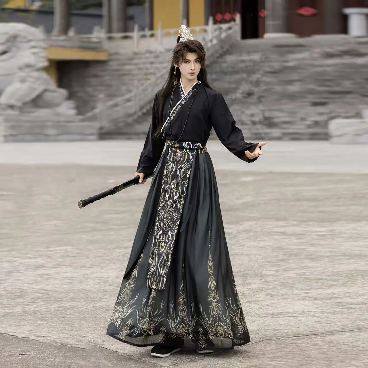 Halloween Dark Black Wuxia Hanfu Men Women Traditional Chinese Clothing Night Party Royal Guards Cosplay Costume Hanfu for Male view 4