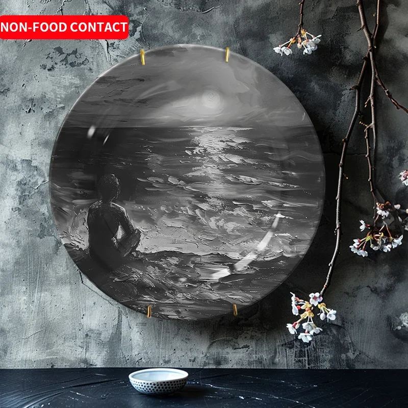 1pc Elegant Ceramic Wall Art Plate - Seaside Thinker Moonlit Coastal Scene Decorative Hanging Decor for Living Room, Bedroom |