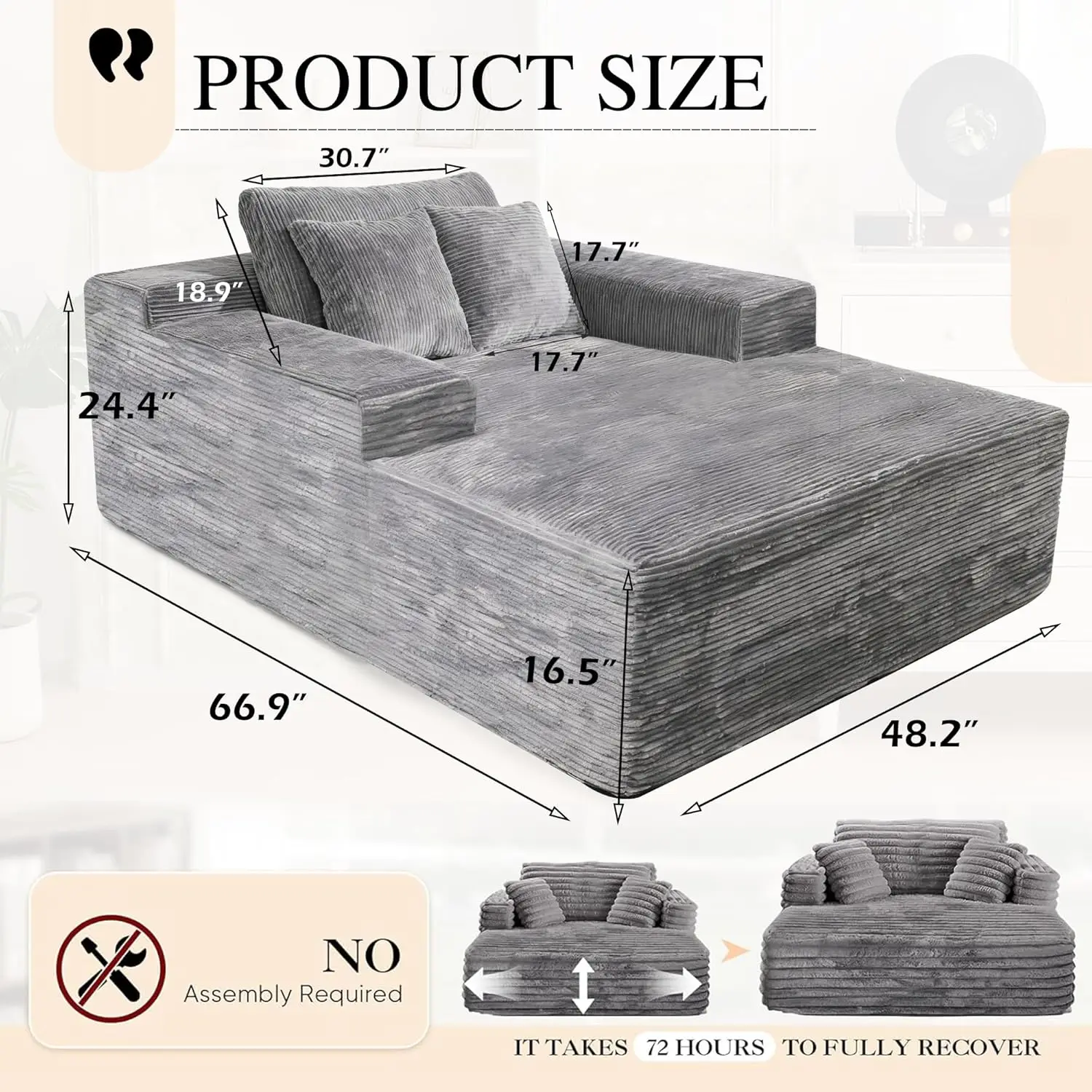 

Modern Corduroy Sectional Sofa Chaise, Grey L-Shaped Couch with Pouch, 66.9x48.2 Inch Comfortable Lounge for Living Room, No As