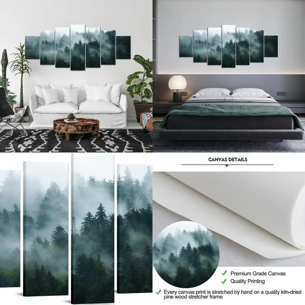 

Large 7-Panel Canvas Art: Misty Fog in Dark Forest Wilderness - Modern Rustic Landscape, 70x32