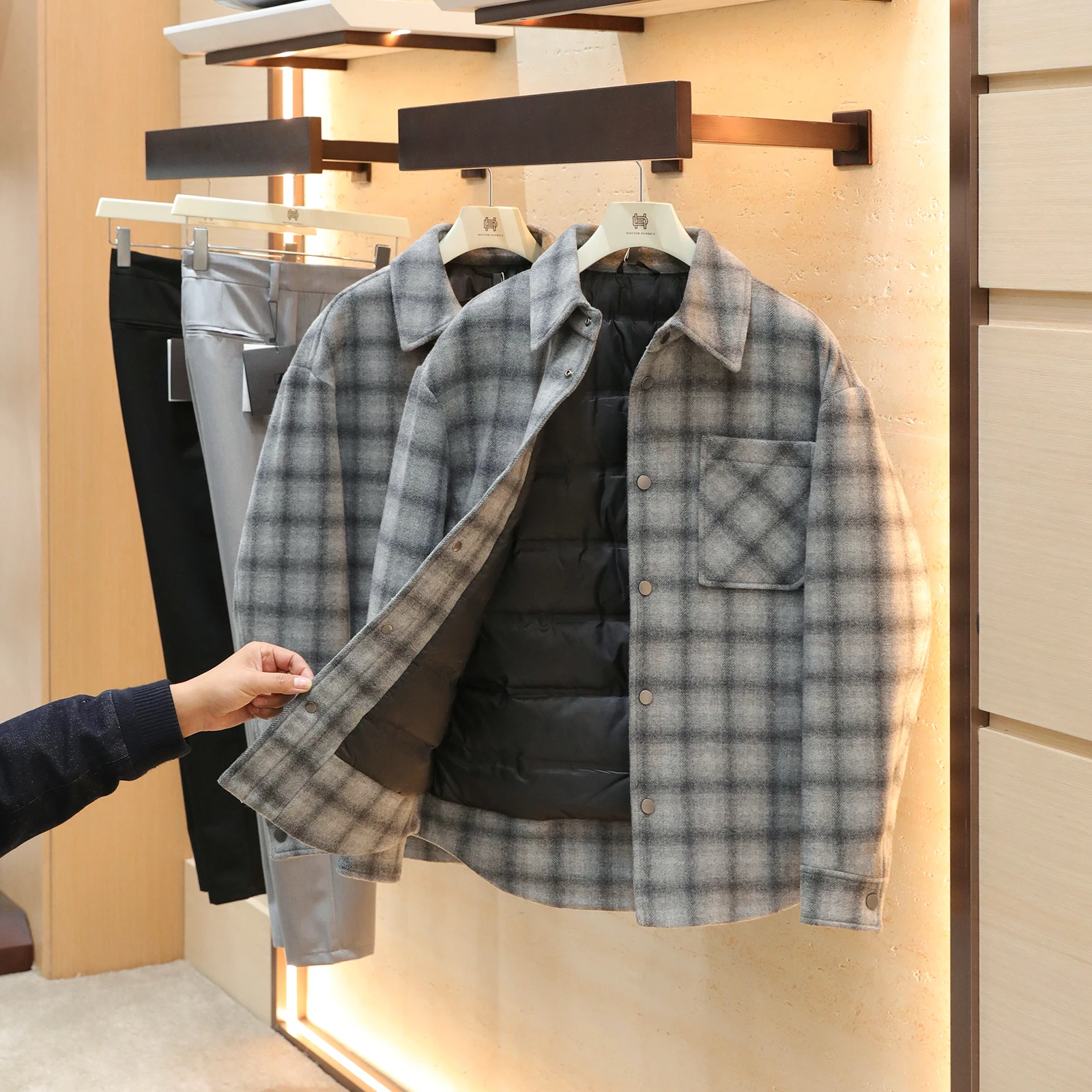 

Retro 90s Men's Wool Blend Plaid down Jaet irt Collar 2025 Autumn Winter New Sle Warm Thiened Long Sve Coat