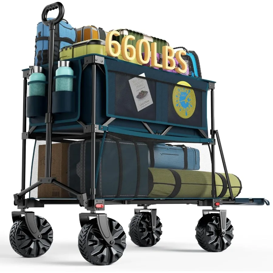

Collapsible Double Decker Wagon Folding Utility Cart with Tailgate Beach Wagons with Big Wheels 450LB Heavy Duty Foldable Wagon