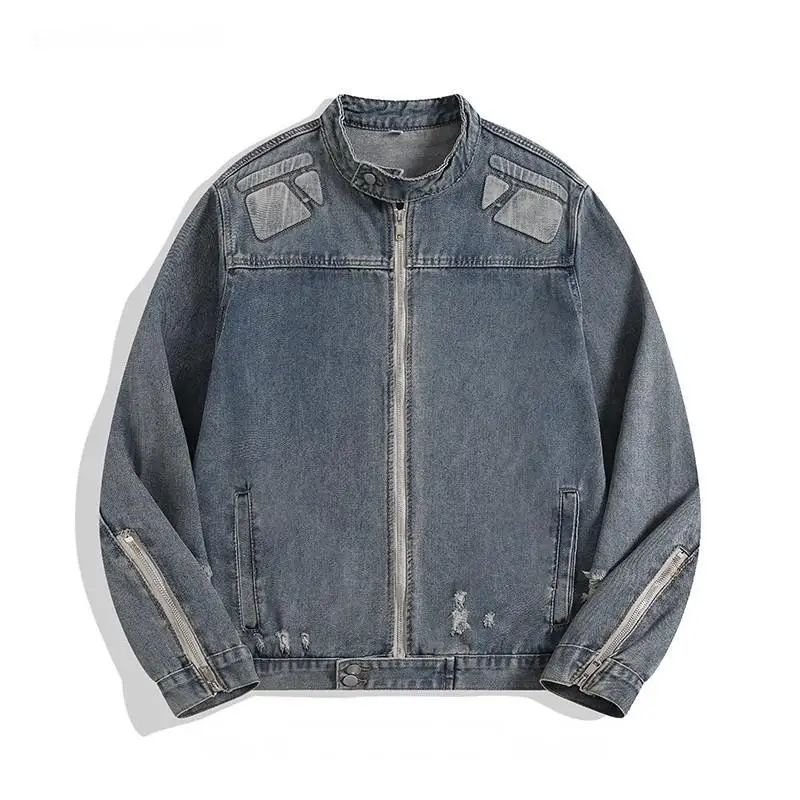 

Men's Ripped Denim Jacket with Embossed Details, Vintage Utility Workwear for Edgy Style