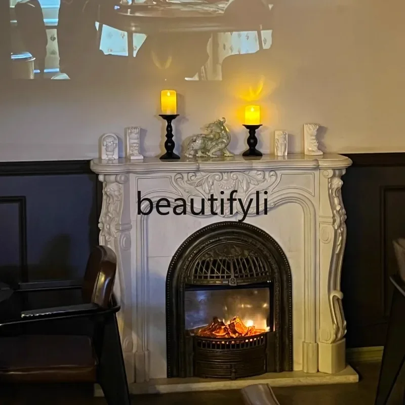 

G Marble European carved fireplace Living room decorative cabinet White marble sculpture fireplace rack