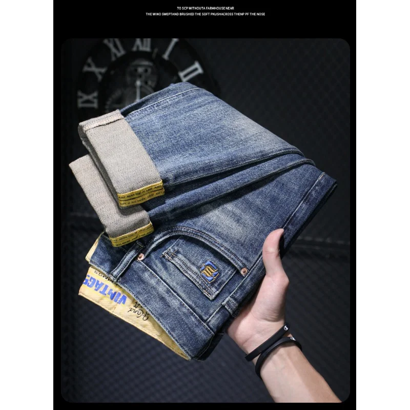 2024 New Vintage Blue Jeans Men High-End and Fashionable Embroidered Versatile Casual Straight-Leg Slim-Fitting Long Pants