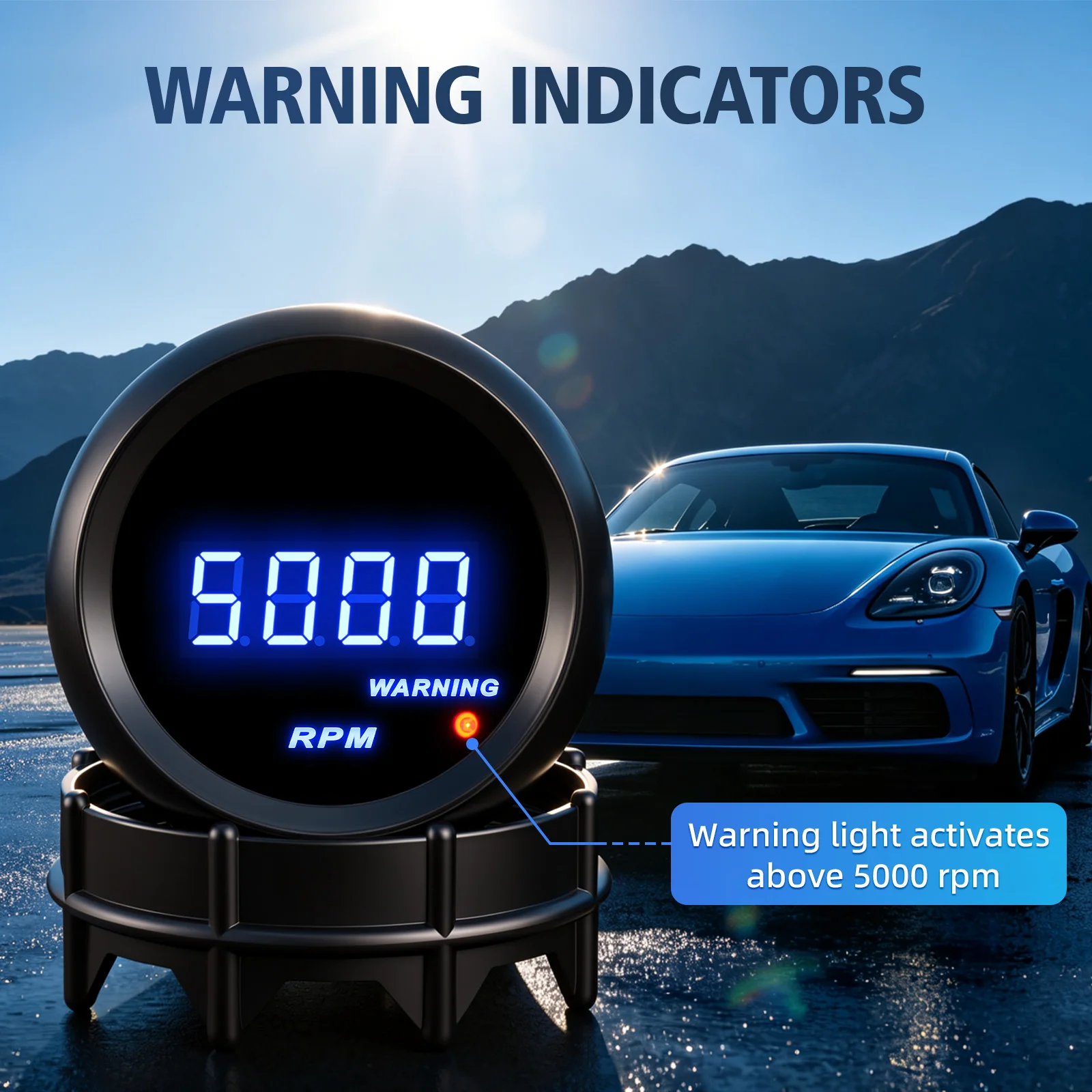 0-9999RPM 52MM Tachometer for Universal Car RPM Meter Gauge Petrol Engine Digital LED Display Smoke Lens Blue Light 12V DC view 2