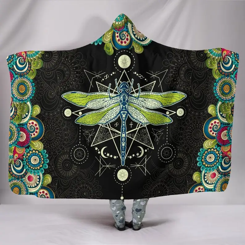 

Mystical Dragonfly Mandala Hooded Blanket - Sacred Geometry Spiritual Throw, Meaning Of Life, Celestial Dragon-fly, Wearable Bla