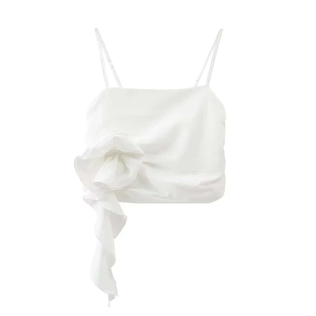 TRAF Flower Crop Tops Woman Ruched Off Shoulder Tank Top Women Summer Backless Sexy Tops Streetwear Corset Y2K Camisole Top