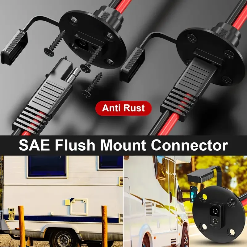 12AWG 15A SAE Flush Mount Connector – 2-Pin SAE Power Socket Sidewall Port, Quick-Connect Plug Cable for RV & Solar Panels