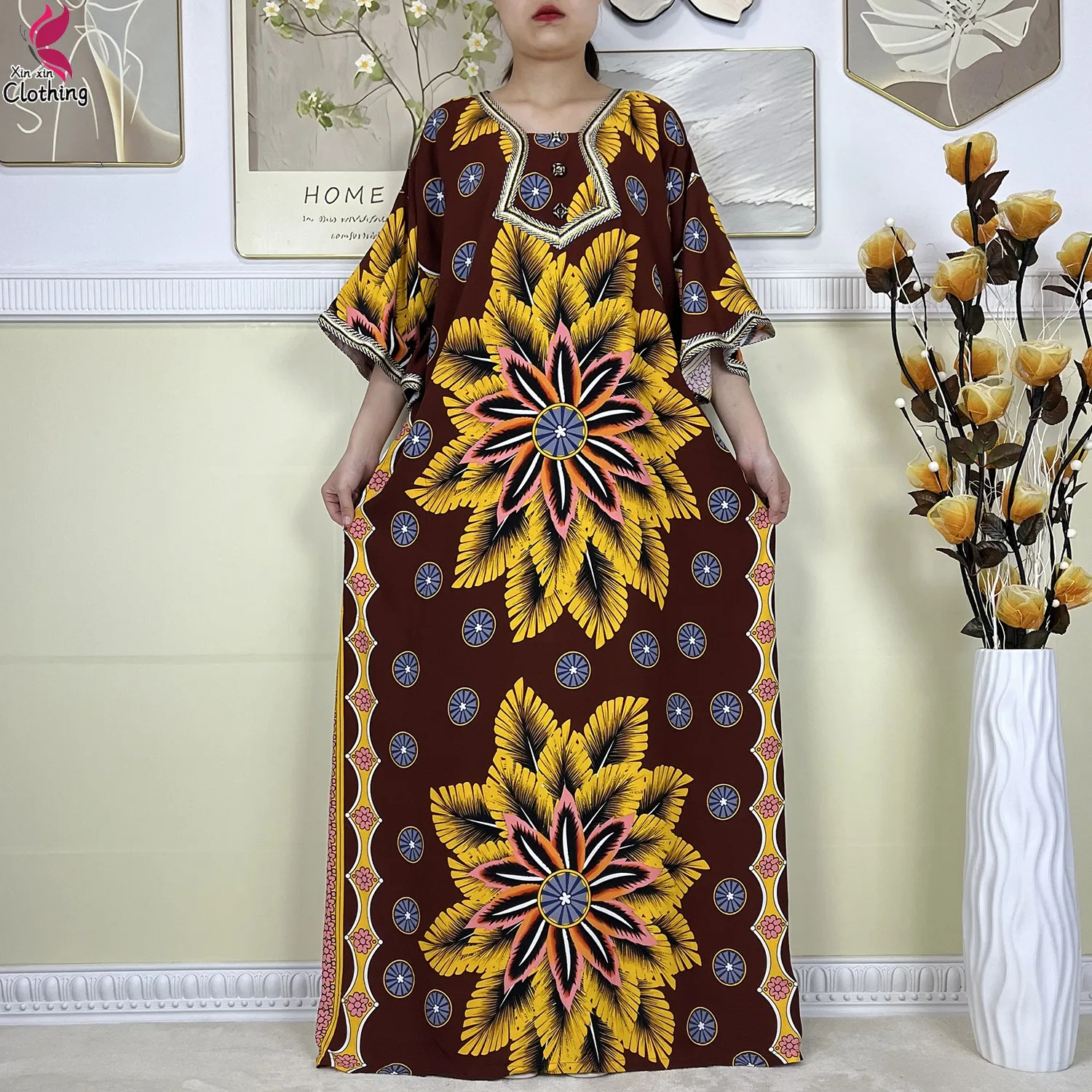 New Style High Quality Muslim Abayas For Women Dress 100%Cotton Dubai Fashion Pocket Printed African Dashiki Femme Loose Dress